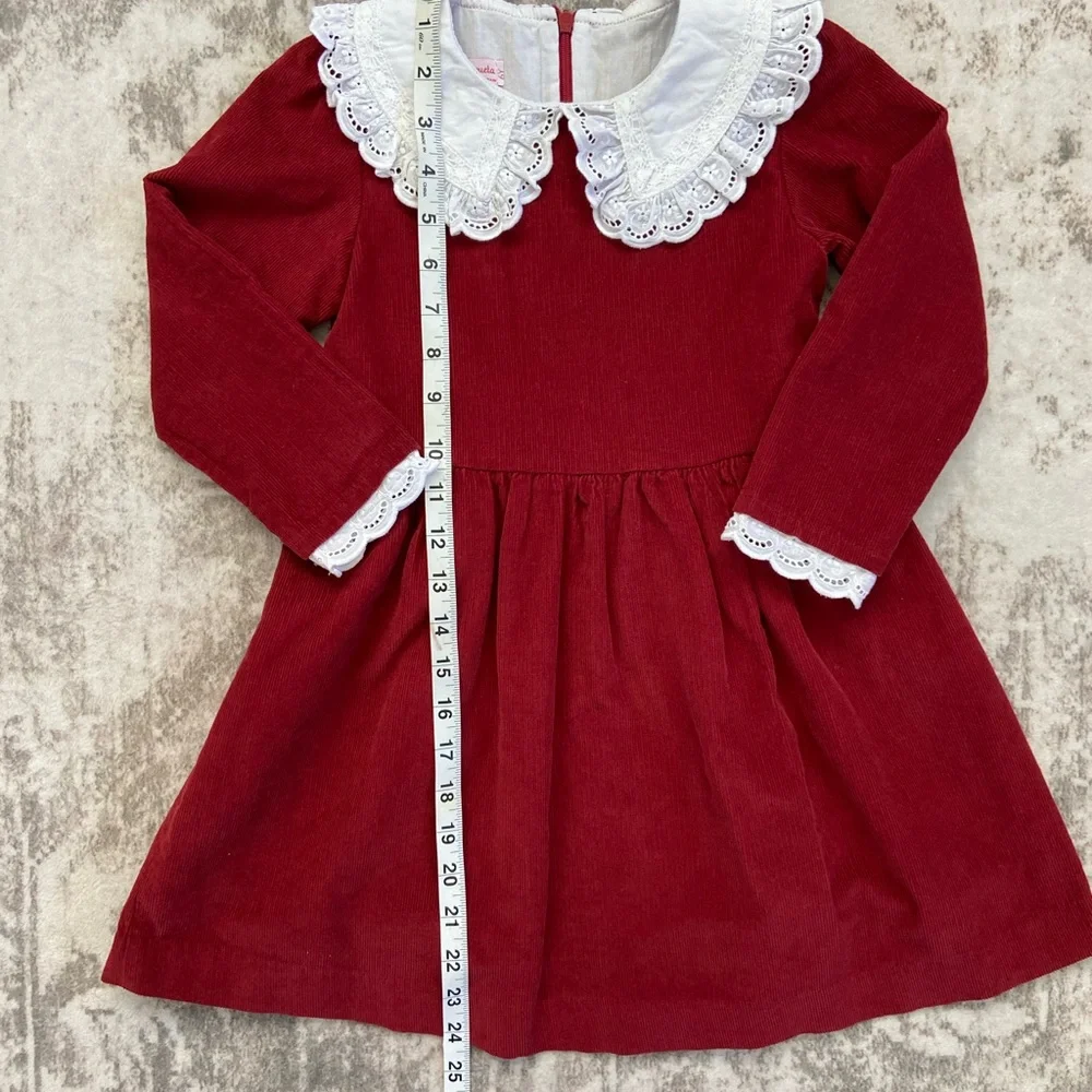 La Coqueta 6Y Girl’s Red Corduroy Dress with White Lace Collar - Picture 2 of 13